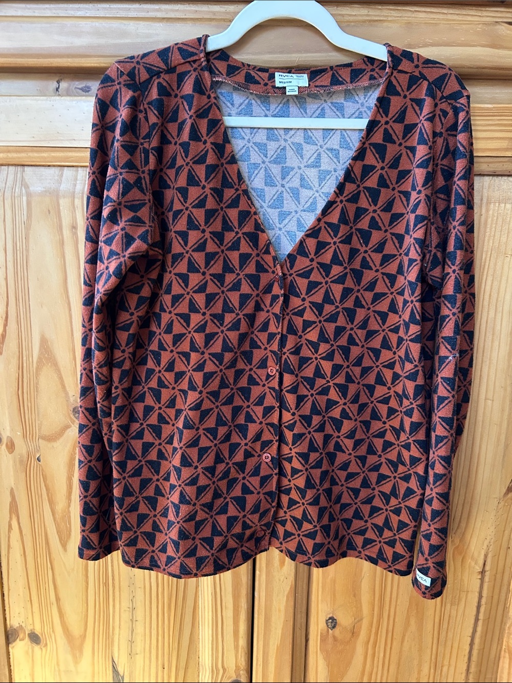 RVCA Cardigan‎ Geometric Rust & Black V-Neck Button Sweater Button Up Medium